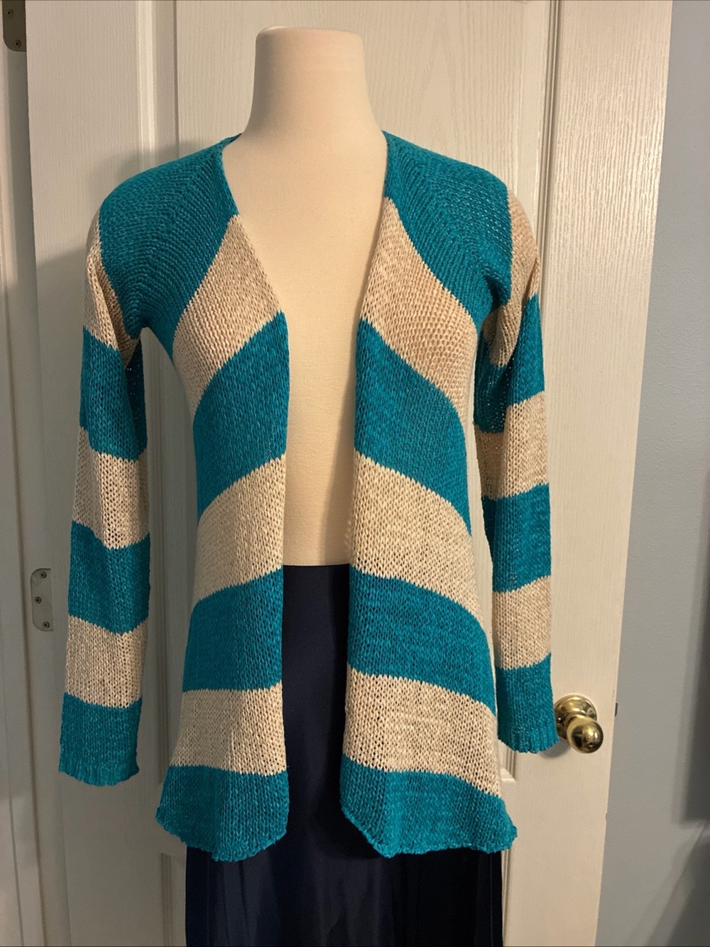 Lavand Open Knit Striped Sweater Cardigan Teal And Beige Small